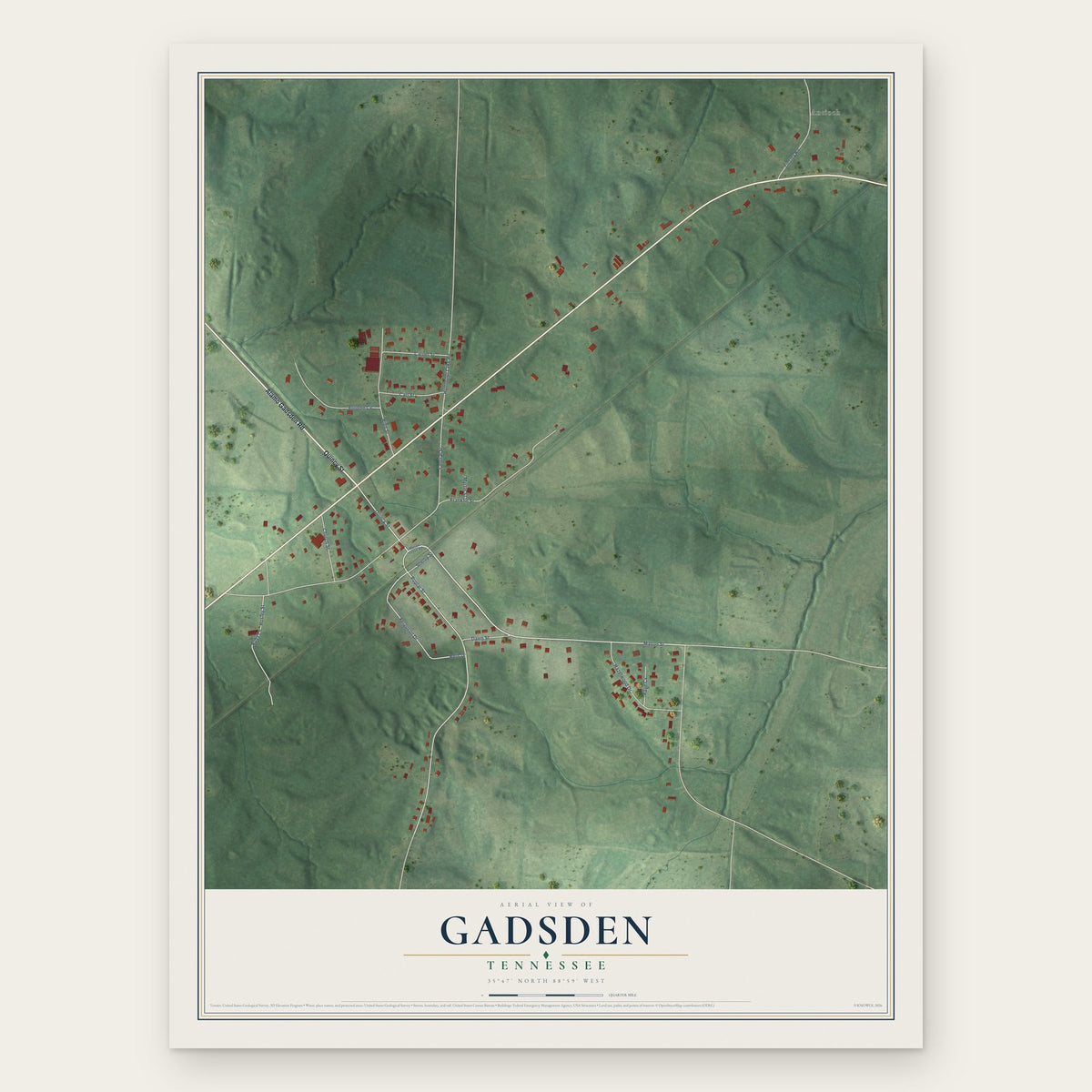 Gadsden, Tennessee map print, the full design