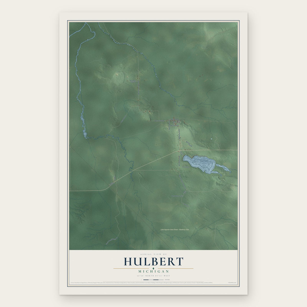 Hulbert, Michigan map print, the full design