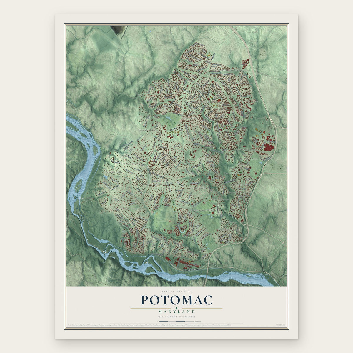 Potomac, Maryland map print, the full design
