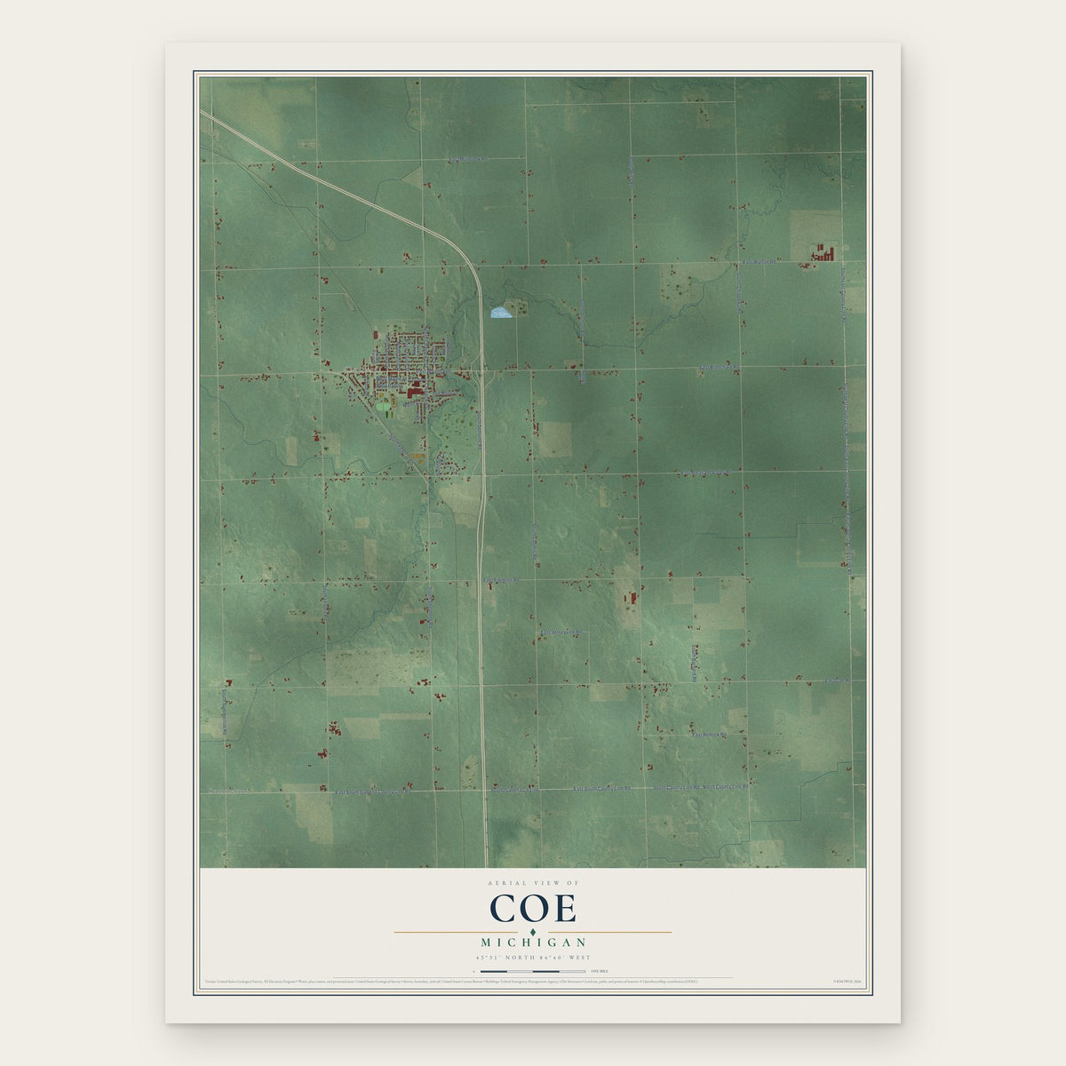 Coe, Michigan map print, the full design