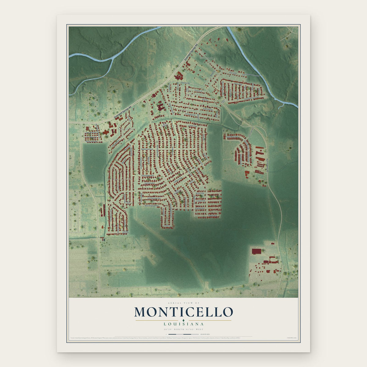 Monticello, Louisiana map print, the full design