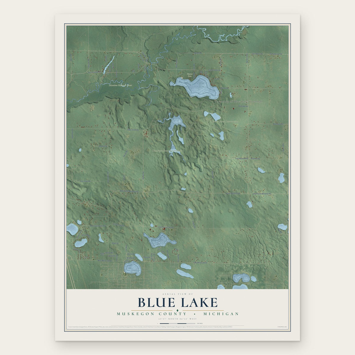 Blue Lake, Muskegon County, Michigan map print, the full design