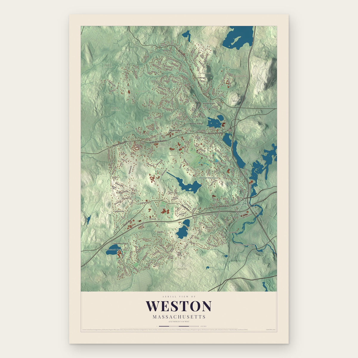 Weston, Massachusetts map print, the full design