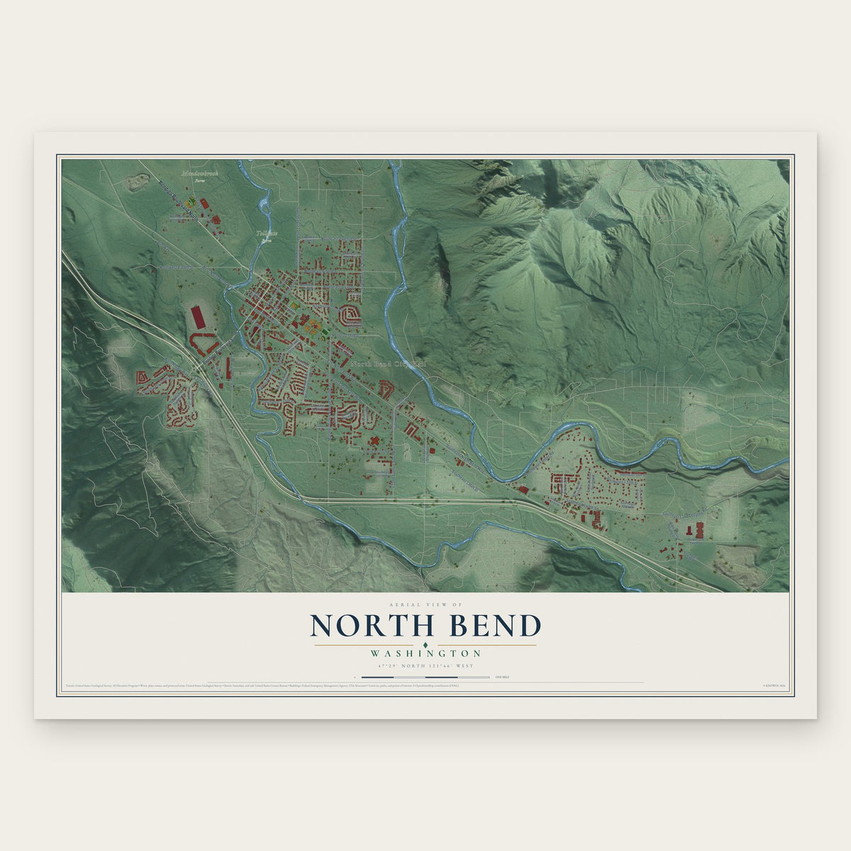 North Bend, Washington map print, the full design