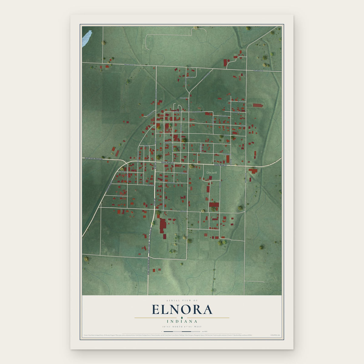 Elnora, Indiana map print, the full design