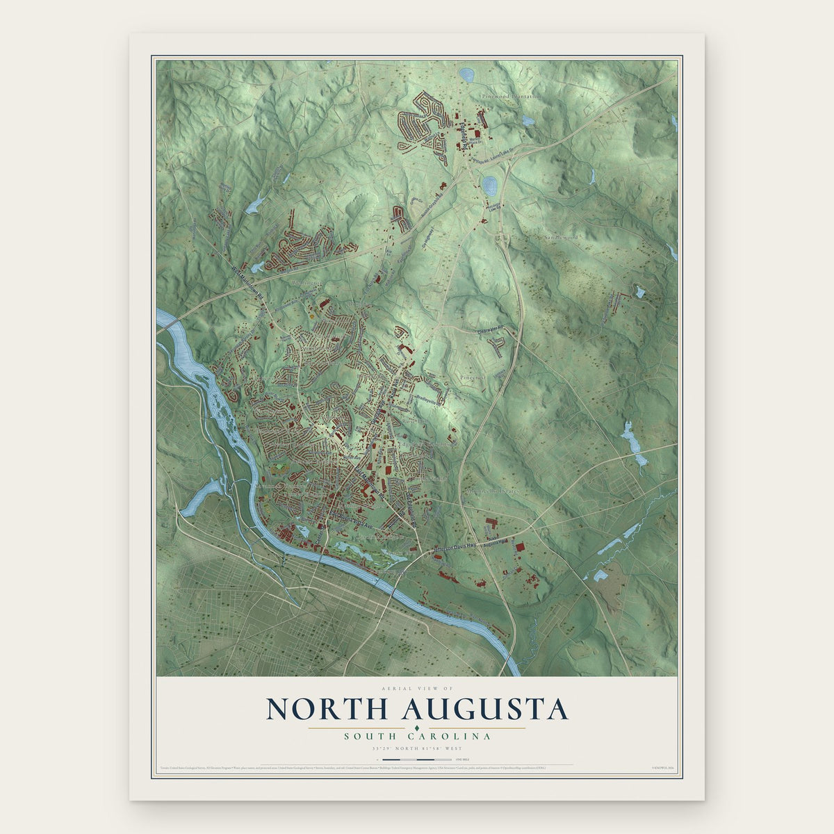 North Augusta, South Carolina map print, the full design