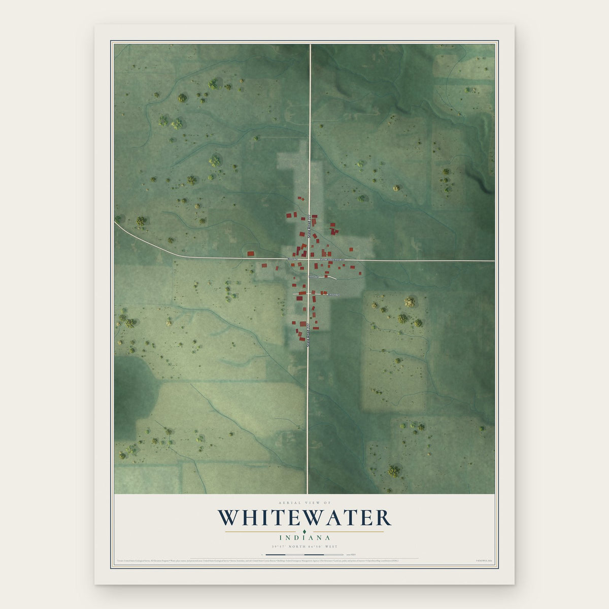 Whitewater, Indiana map print, the full design