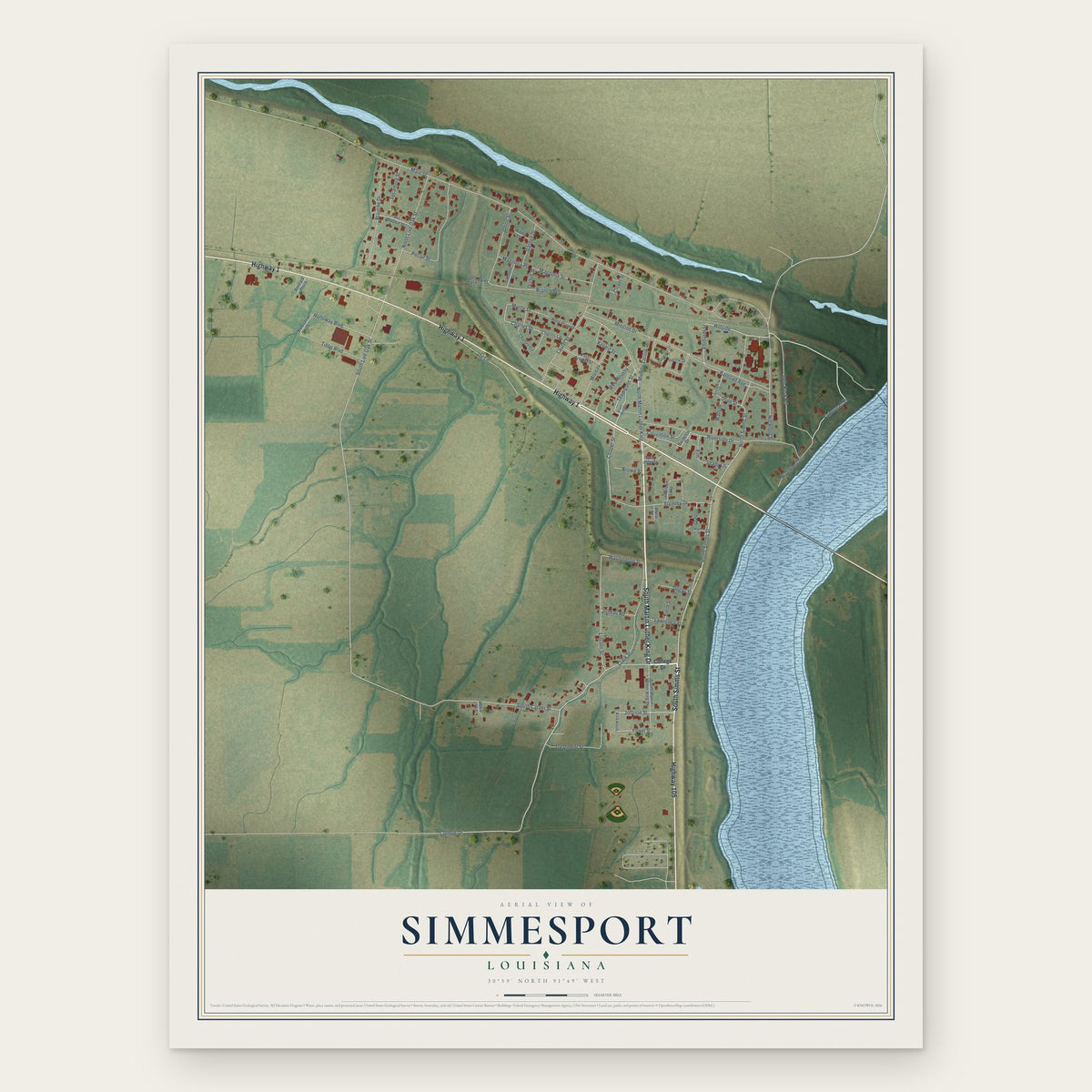 Simmesport, Louisiana map print, the full design