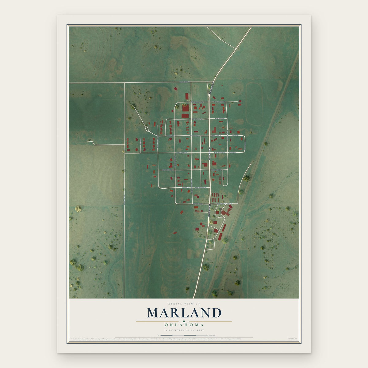 Marland, Oklahoma map print, the full design