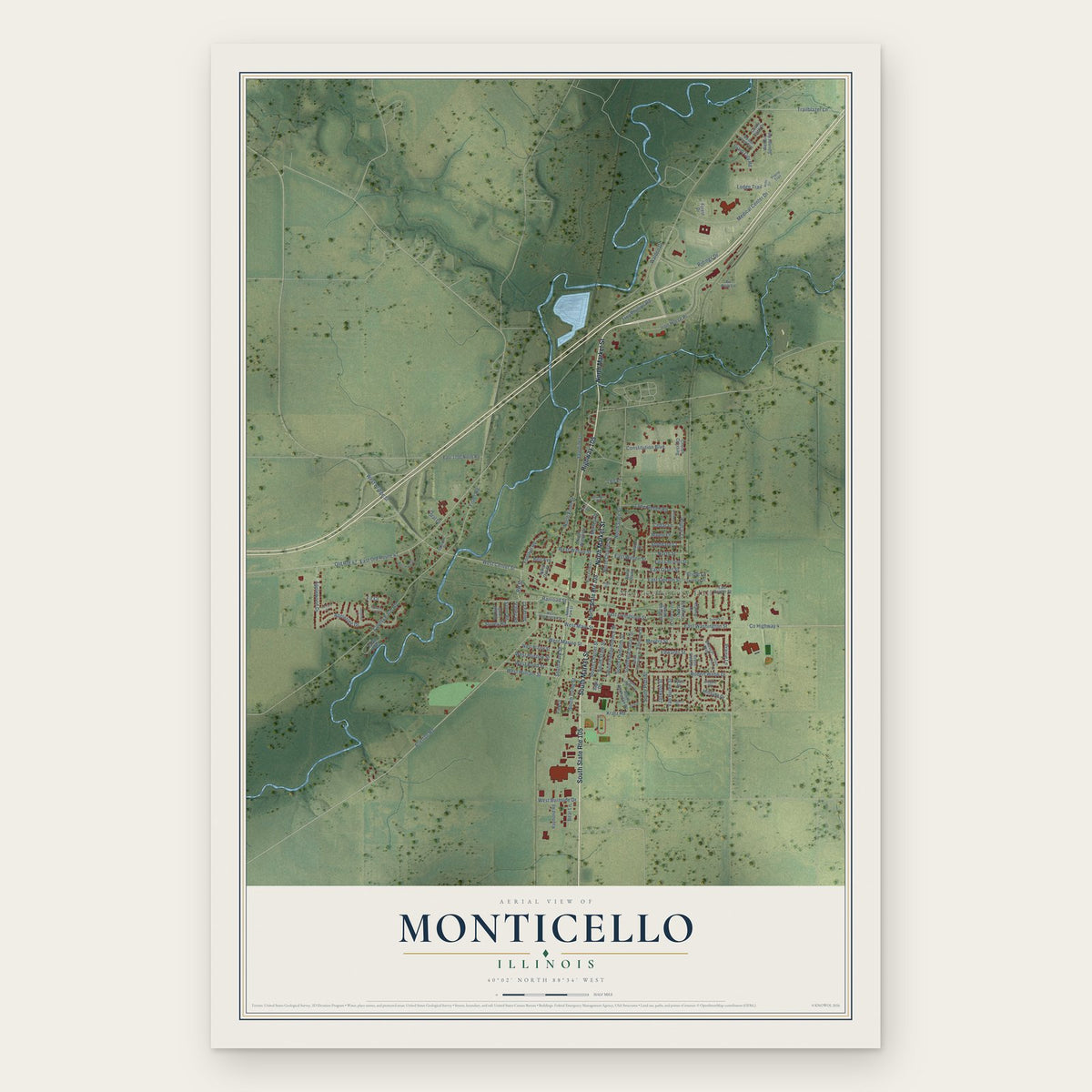 Monticello, Illinois map print, the full design