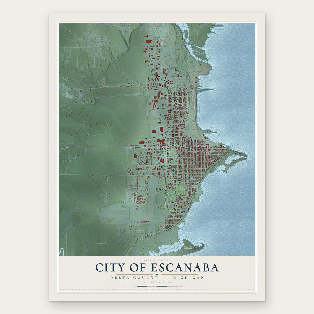 Escanaba, Michigan map print, the full design