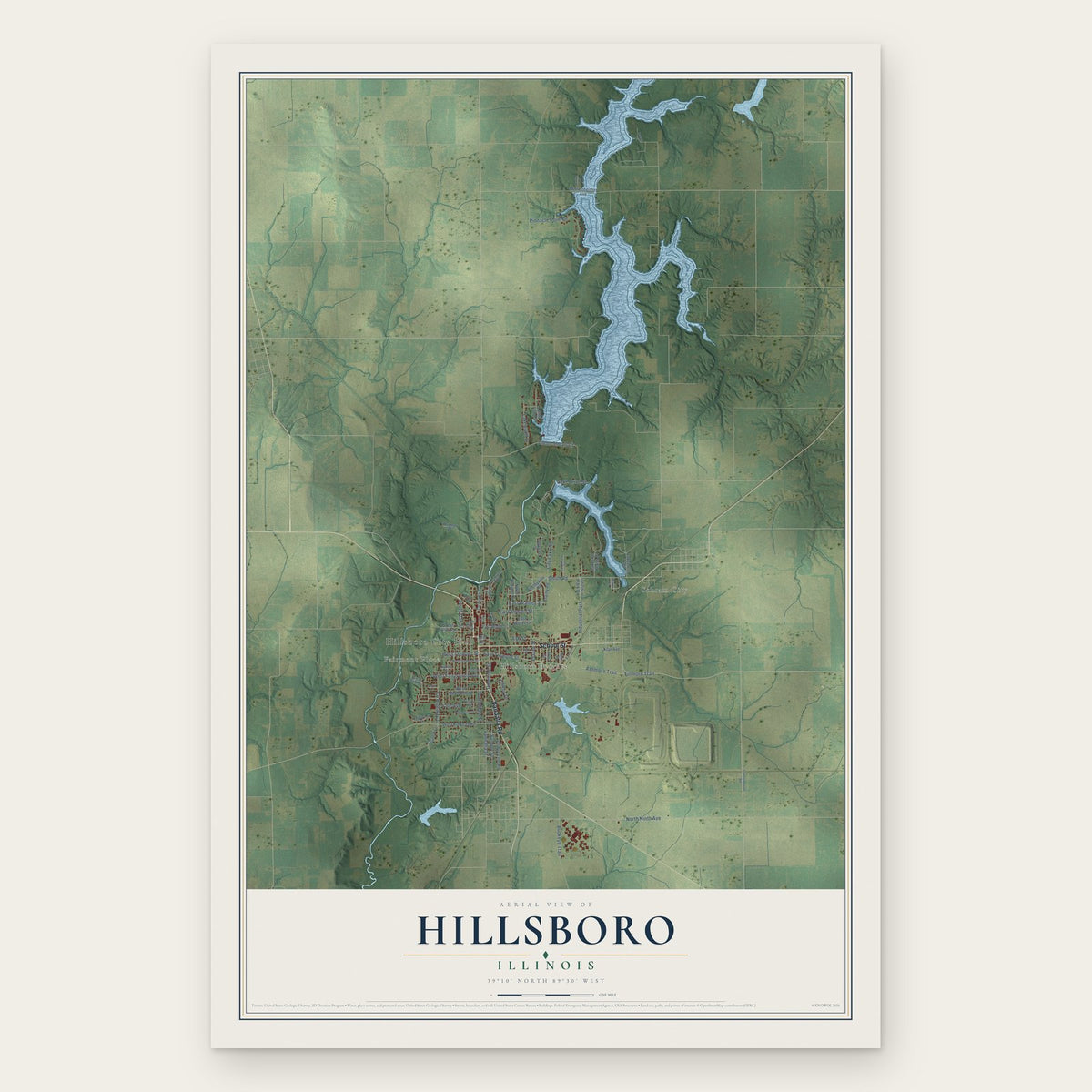 Hillsboro, Illinois map print, the full design