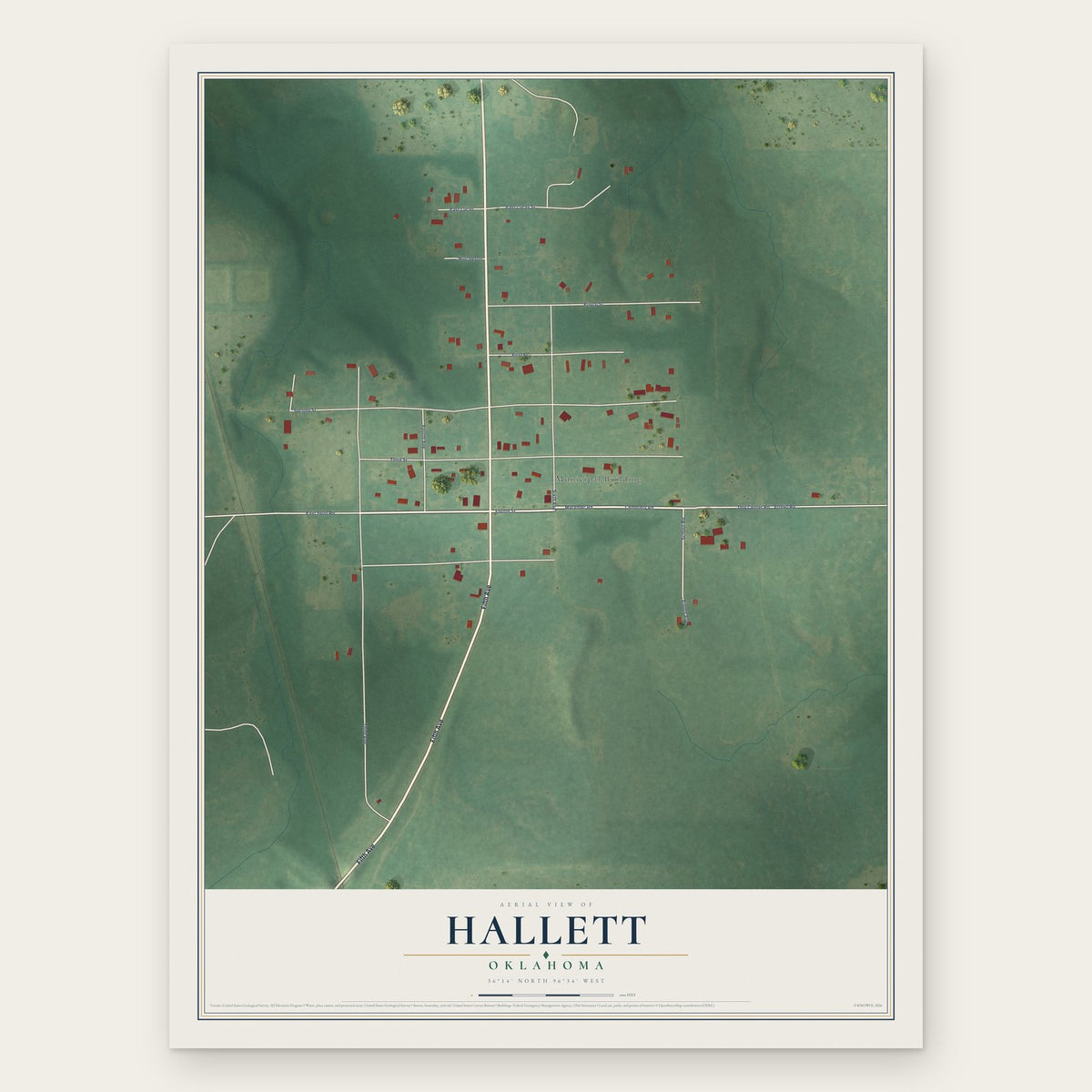 Hallett, Oklahoma map print, the full design