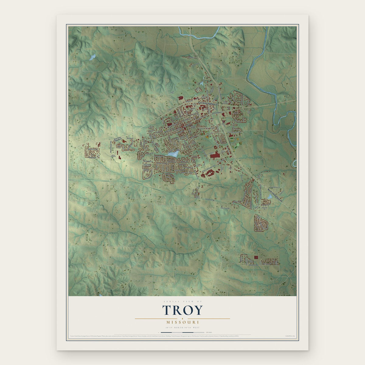 Troy, Missouri map print, the full design
