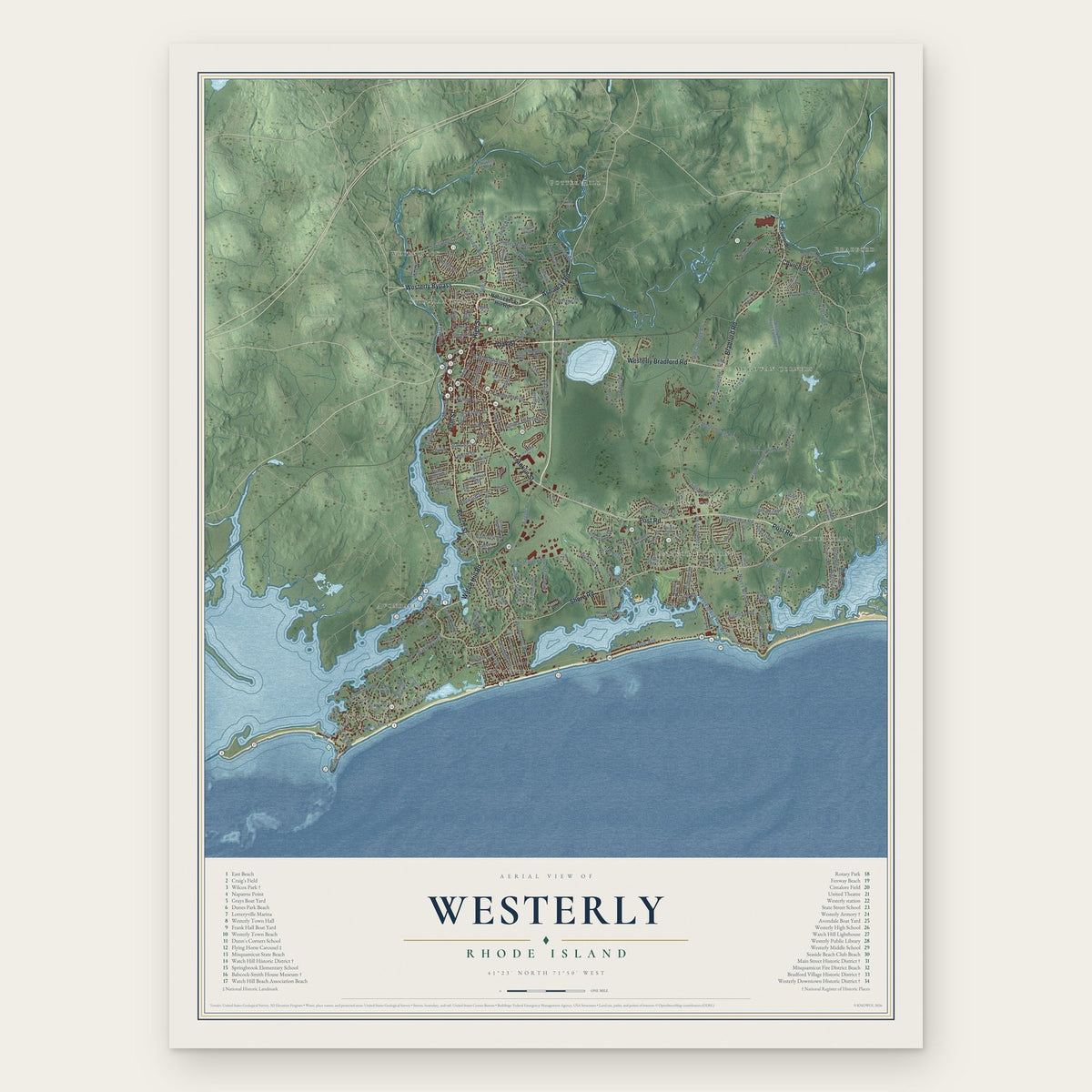 Westerly, Rhode Island map print, the full design