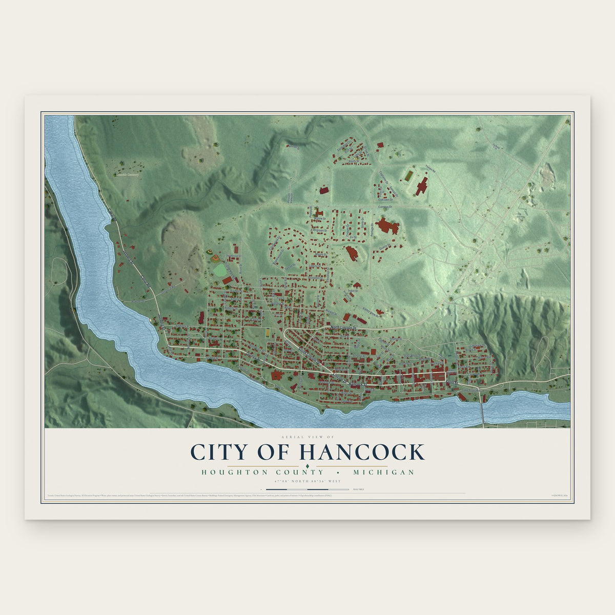 Hancock, Michigan map print, the full design