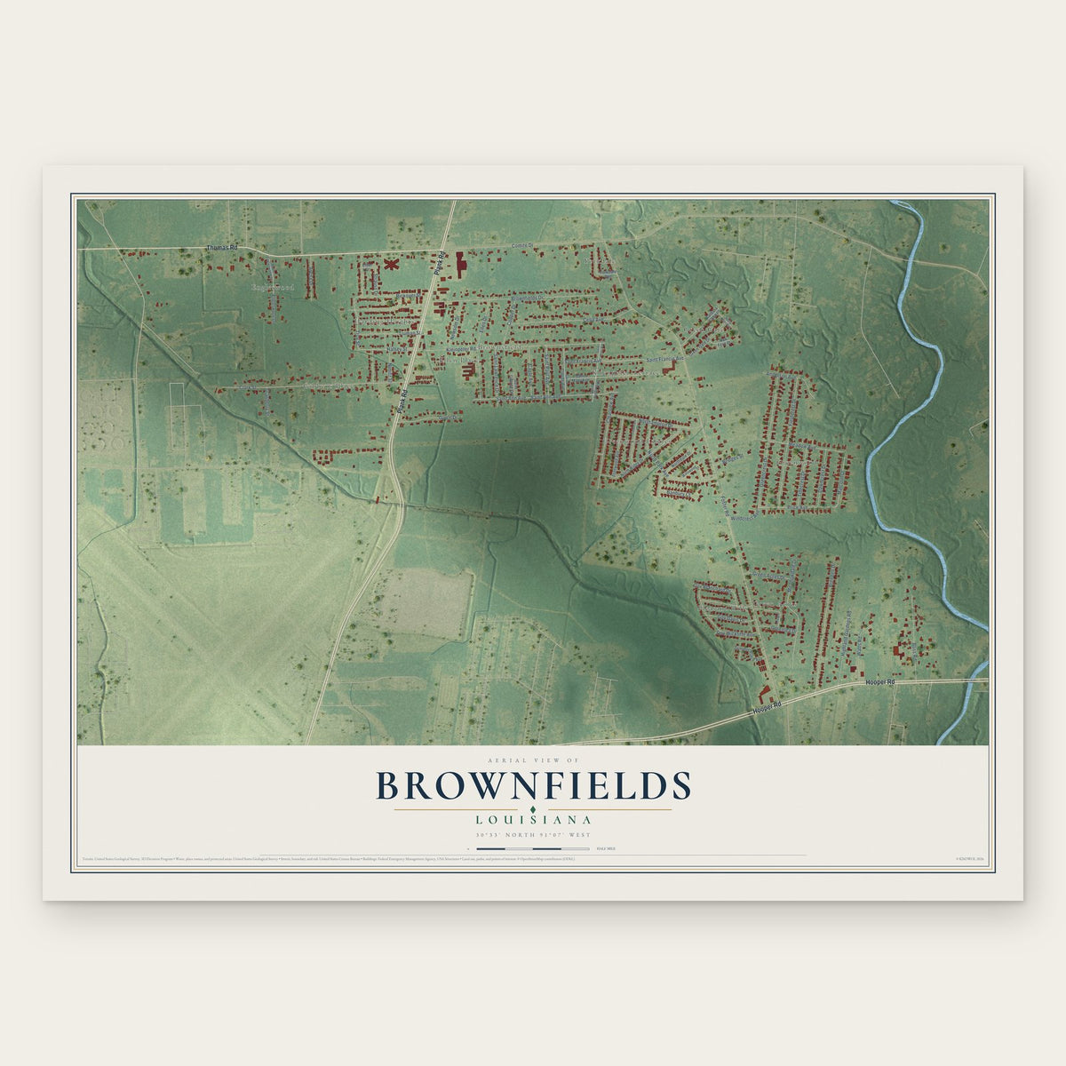 Brownfields, Louisiana map print, the full design