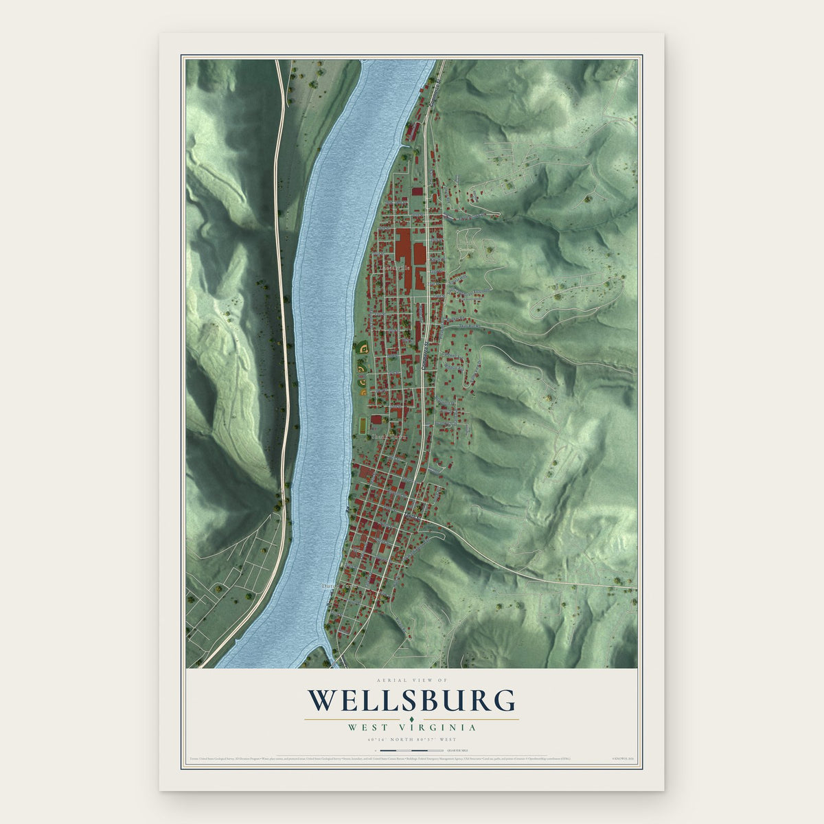 Wellsburg, West Virginia map print, the full design