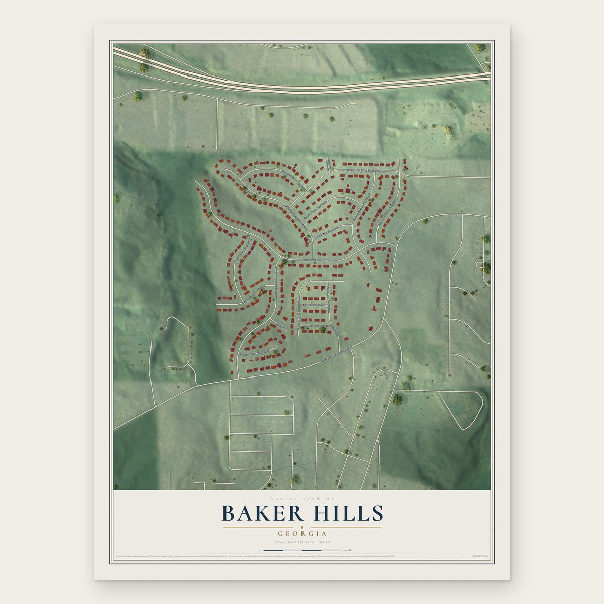 Baker Hills, Georgia map print, the full design