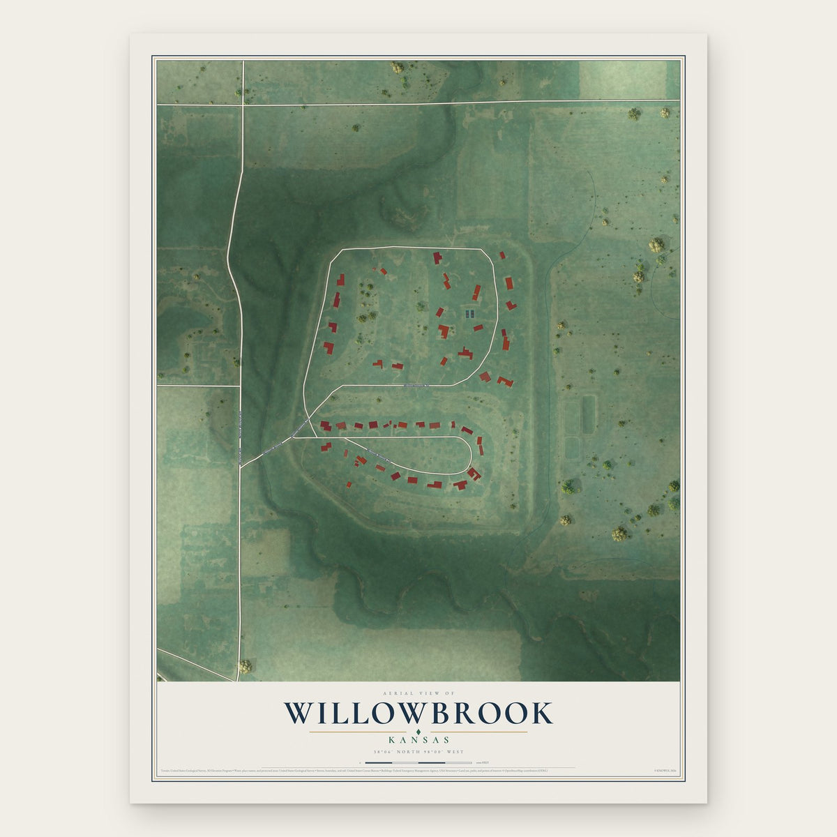 Willowbrook, Kansas map print, the full design