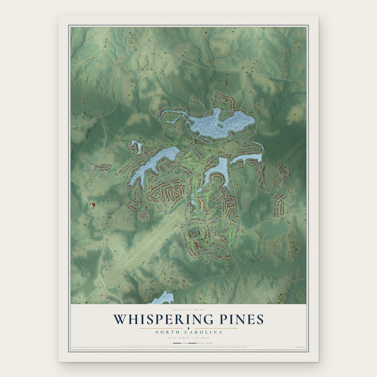 Whispering Pines, North Carolina map print, the full design