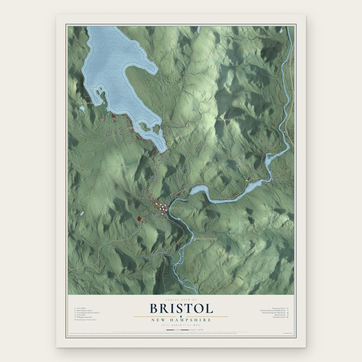 Bristol, New Hampshire map print, the full design