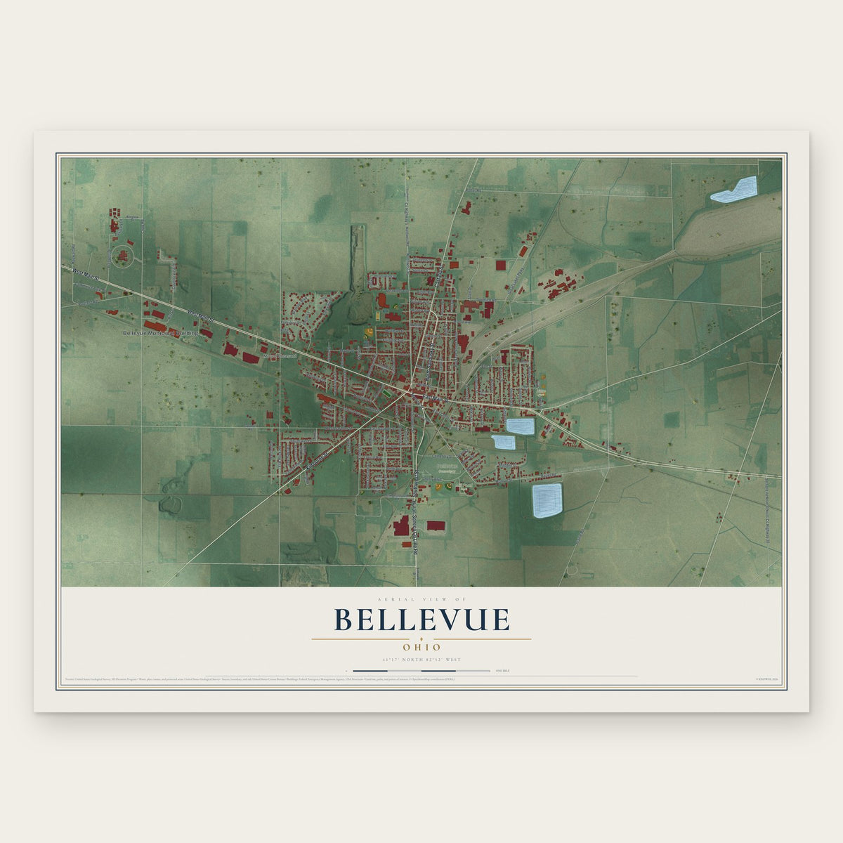Bellevue, Ohio map print, the full design