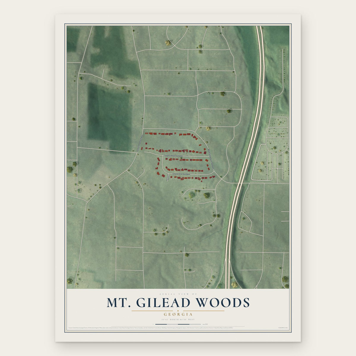 Mt. Gilead Woods, Georgia map print, the full design