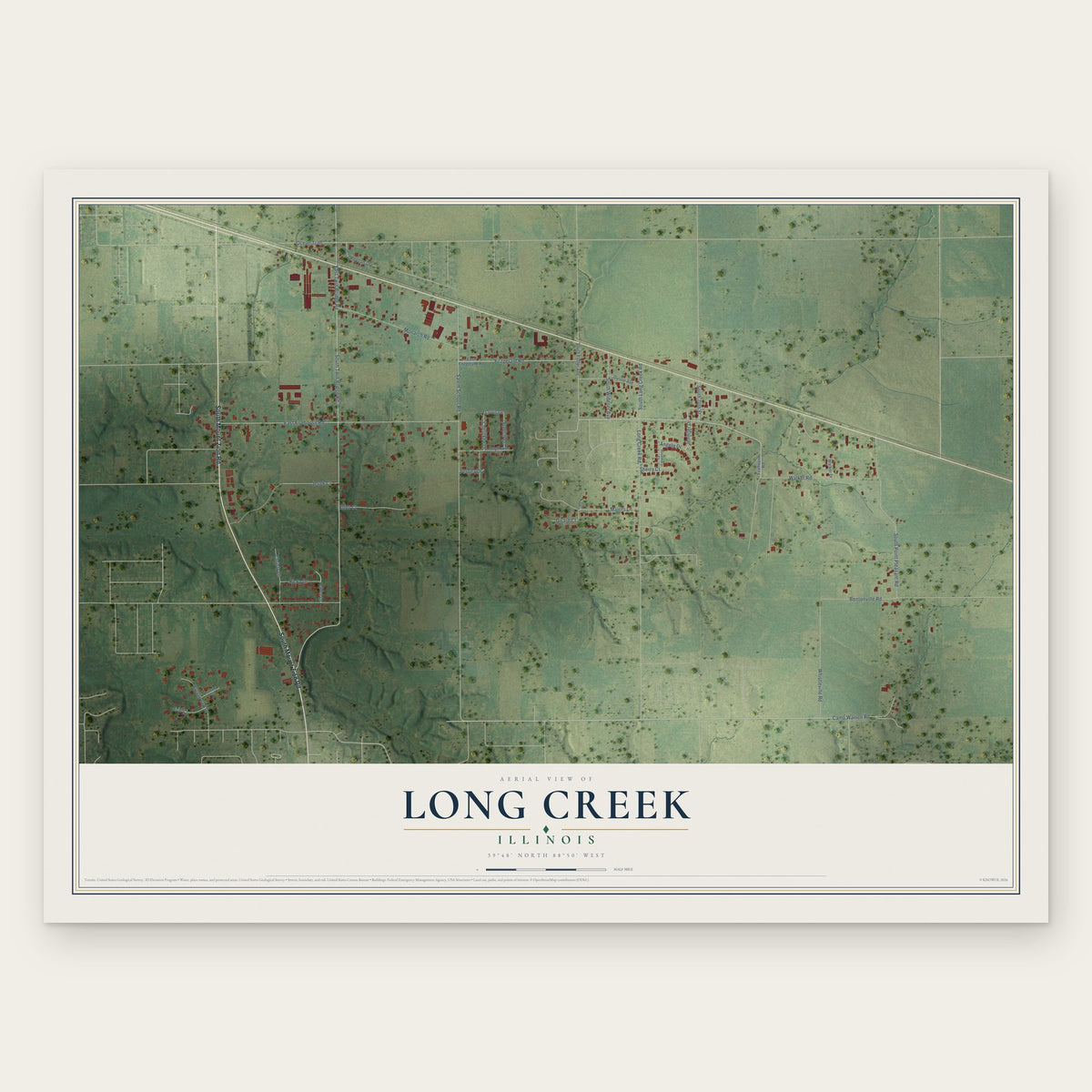 Long Creek, Illinois map print, the full design