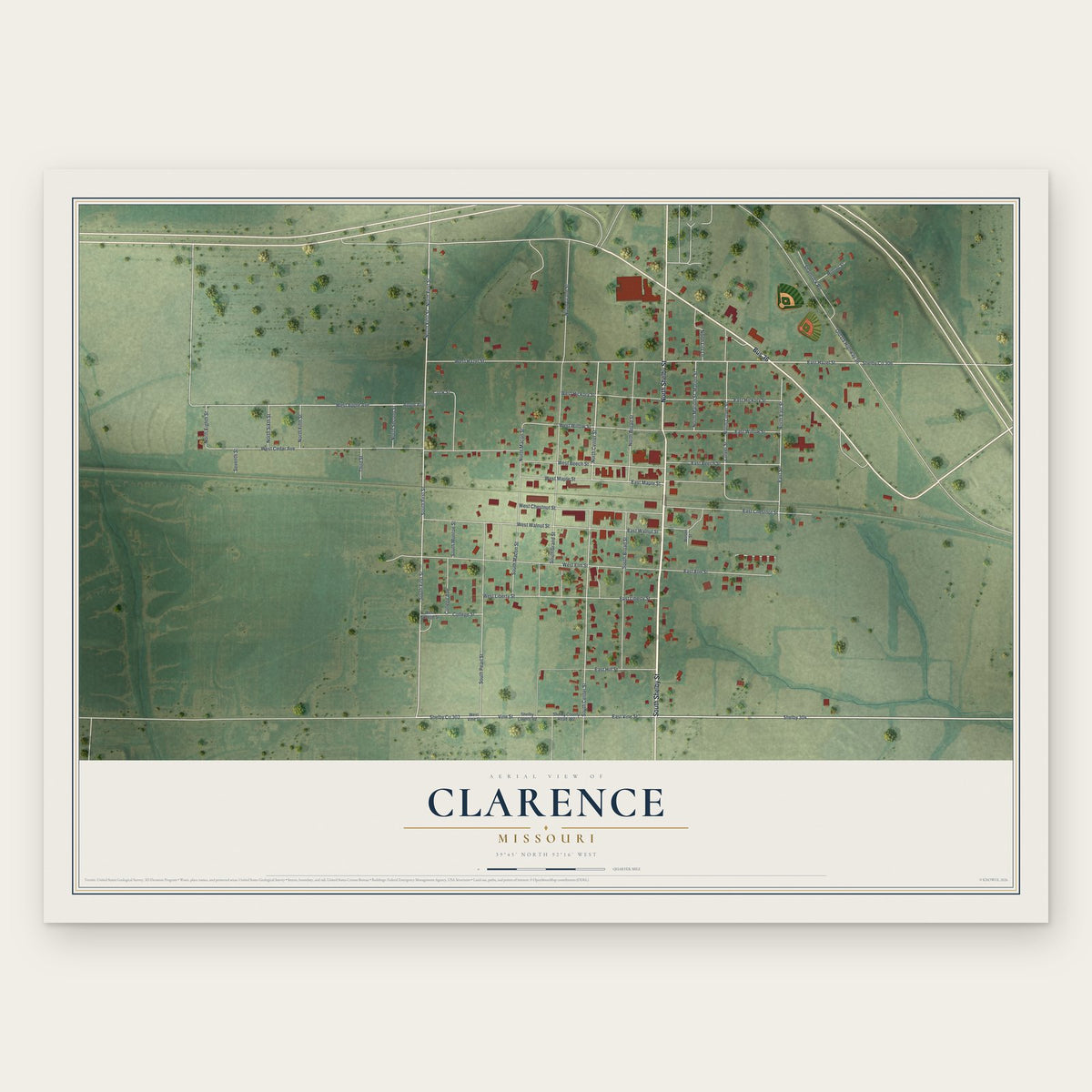 Clarence, Missouri map print, the full design