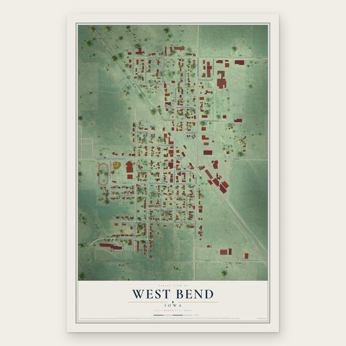 West Bend, Iowa map print, the full design
