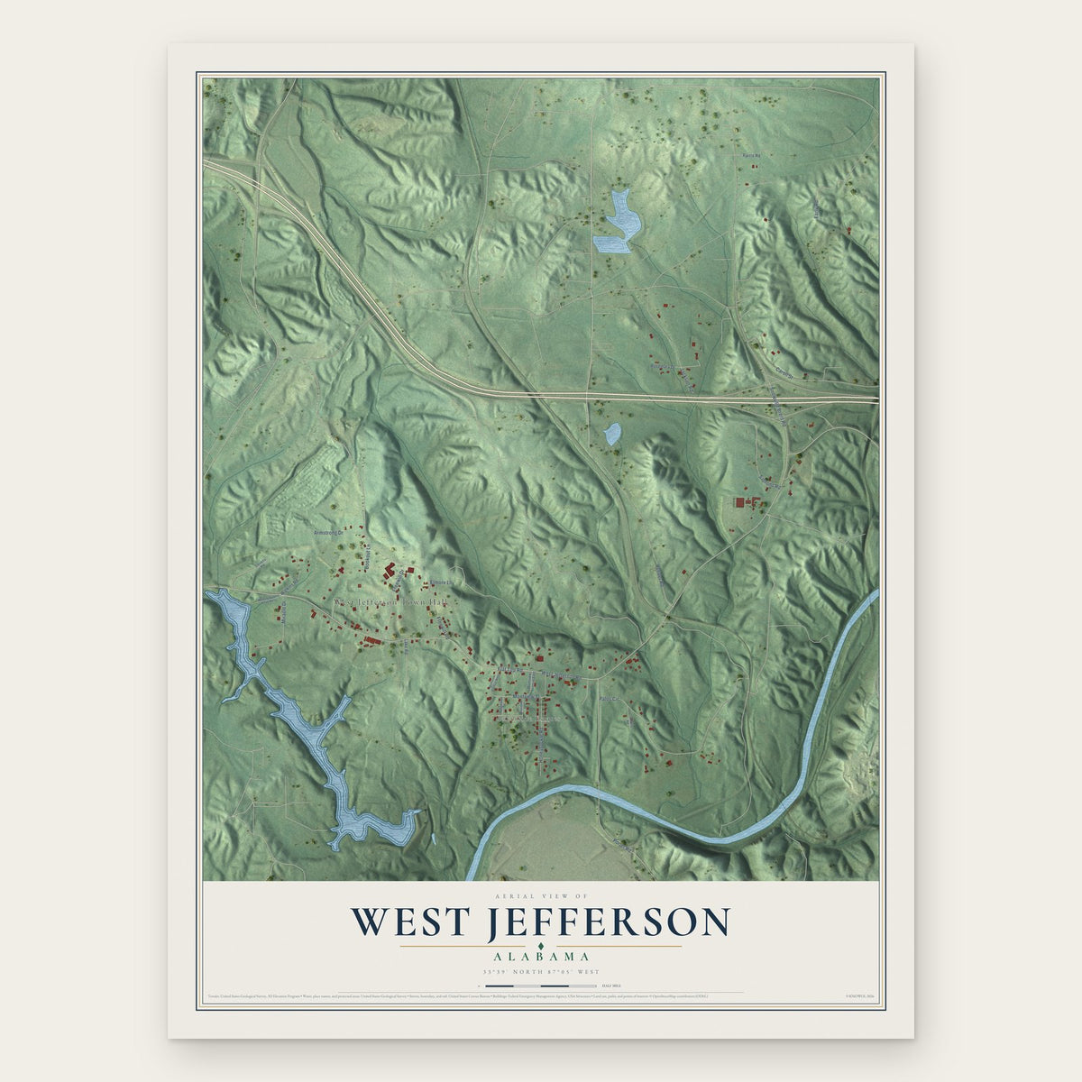 West Jefferson, Alabama map print, the full design
