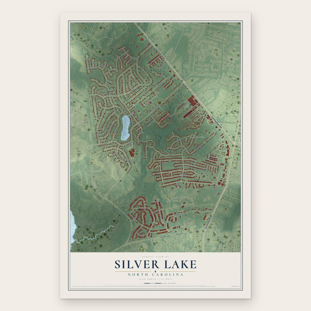 Silver Lake, North Carolina map print, the full design