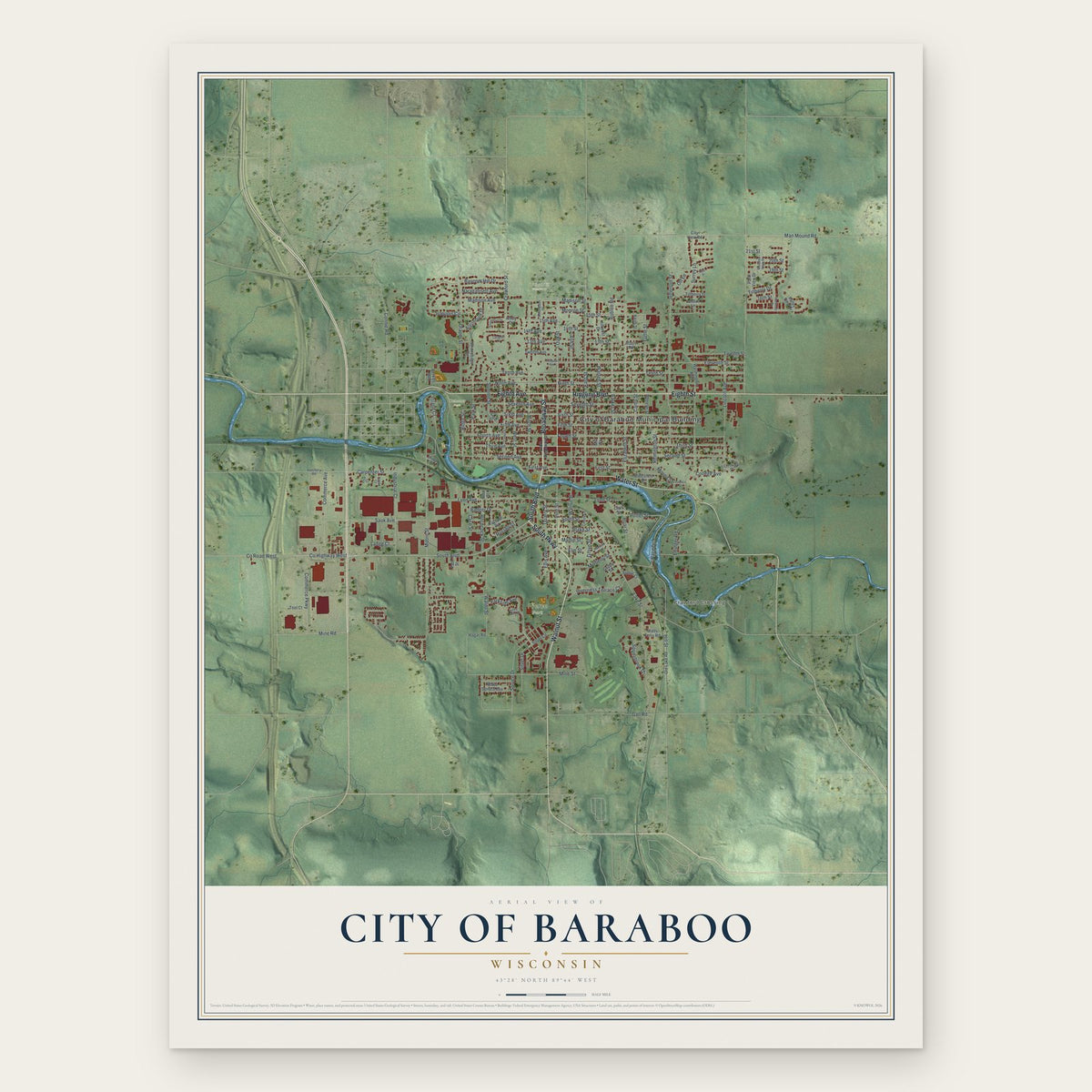 Baraboo, Wisconsin map print, the full design