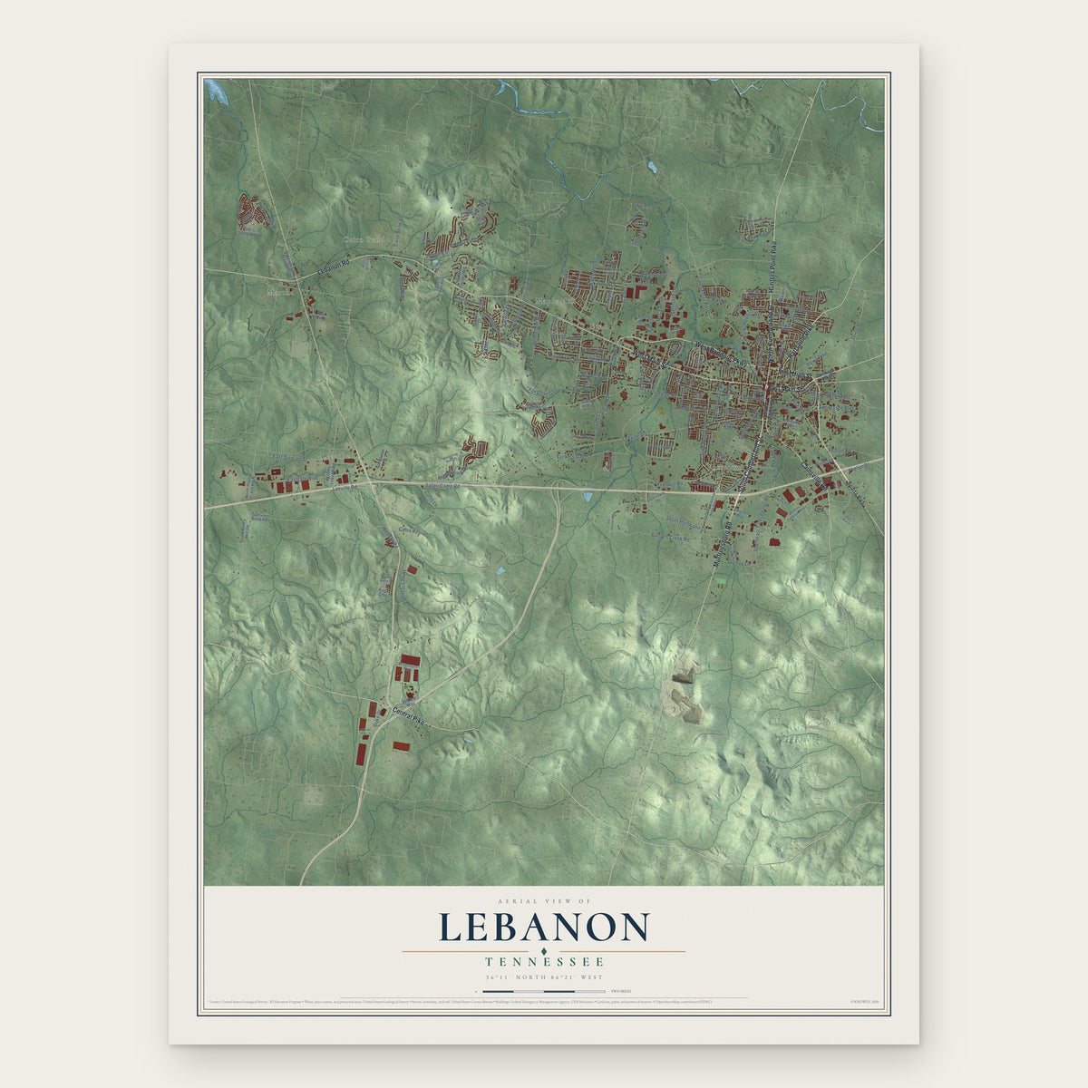 Lebanon, Tennessee map print, the full design