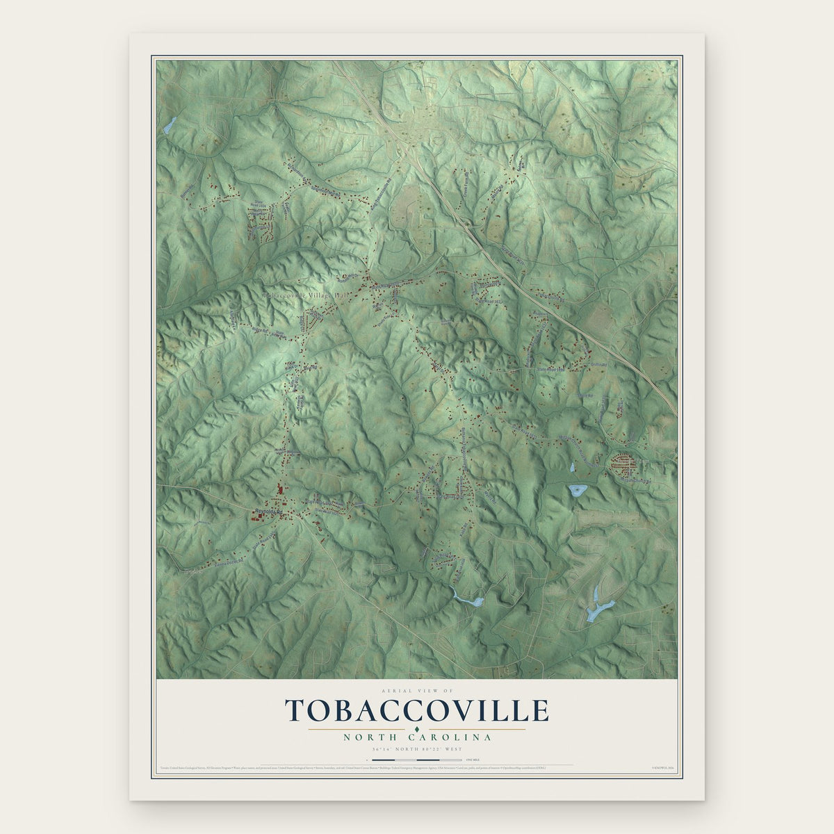 Tobaccoville, North Carolina map print, the full design