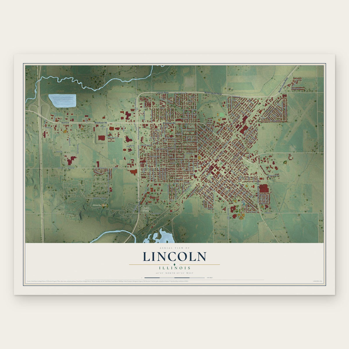 Lincoln, Illinois map print, the full design