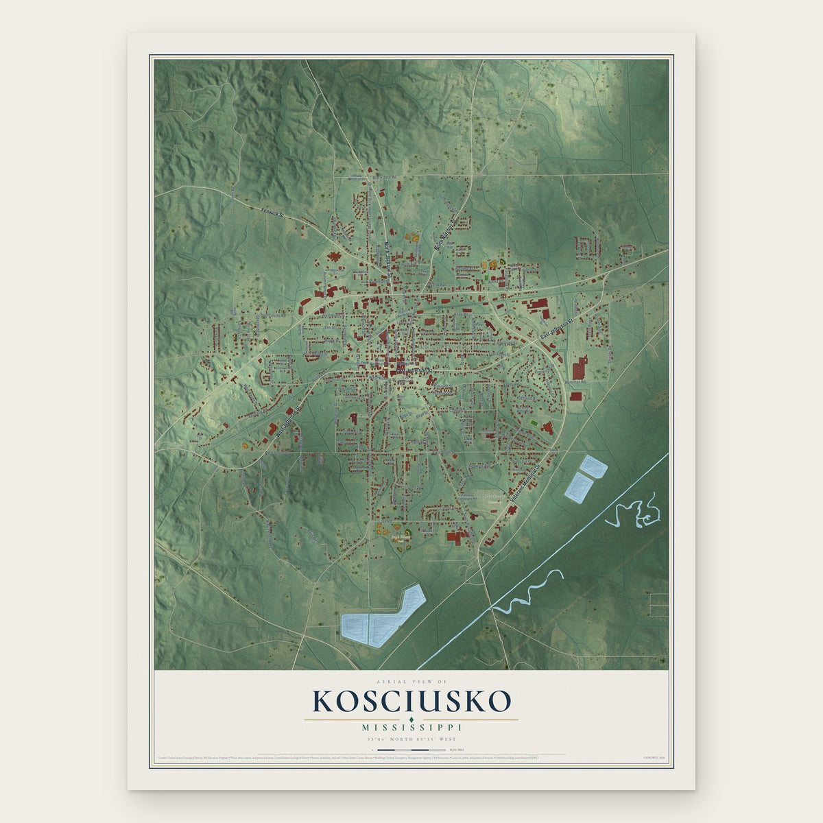 Kosciusko, Mississippi map print, the full design