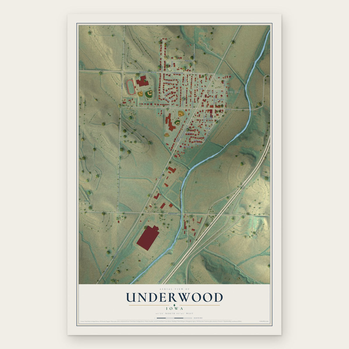 Underwood, Iowa map print, the full design
