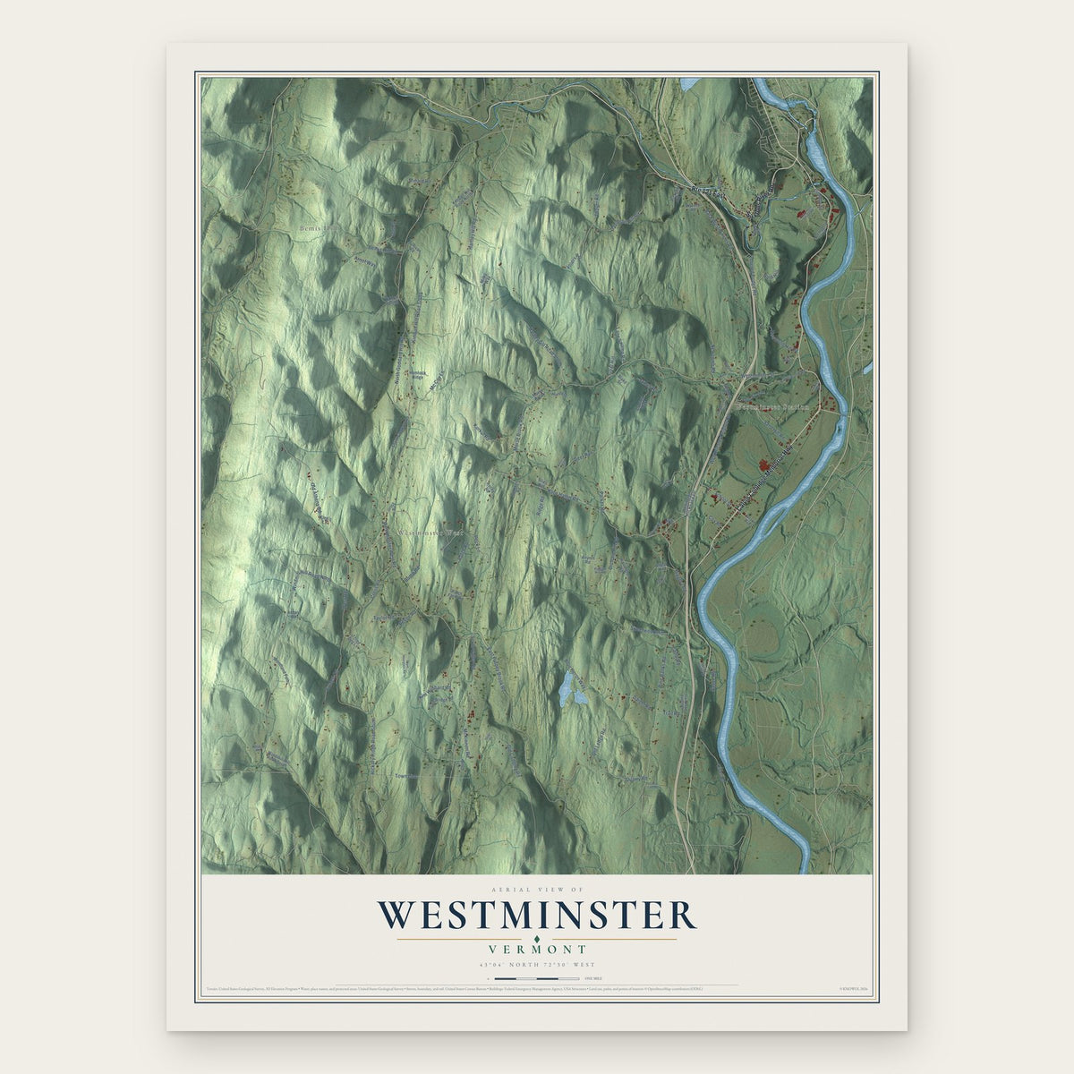 Westminster, Vermont map print, the full design