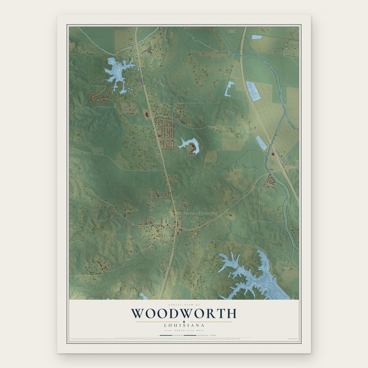 Woodworth, Louisiana map print, the full design