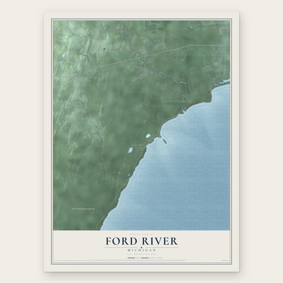 Ford River, Michigan map print, the full design
