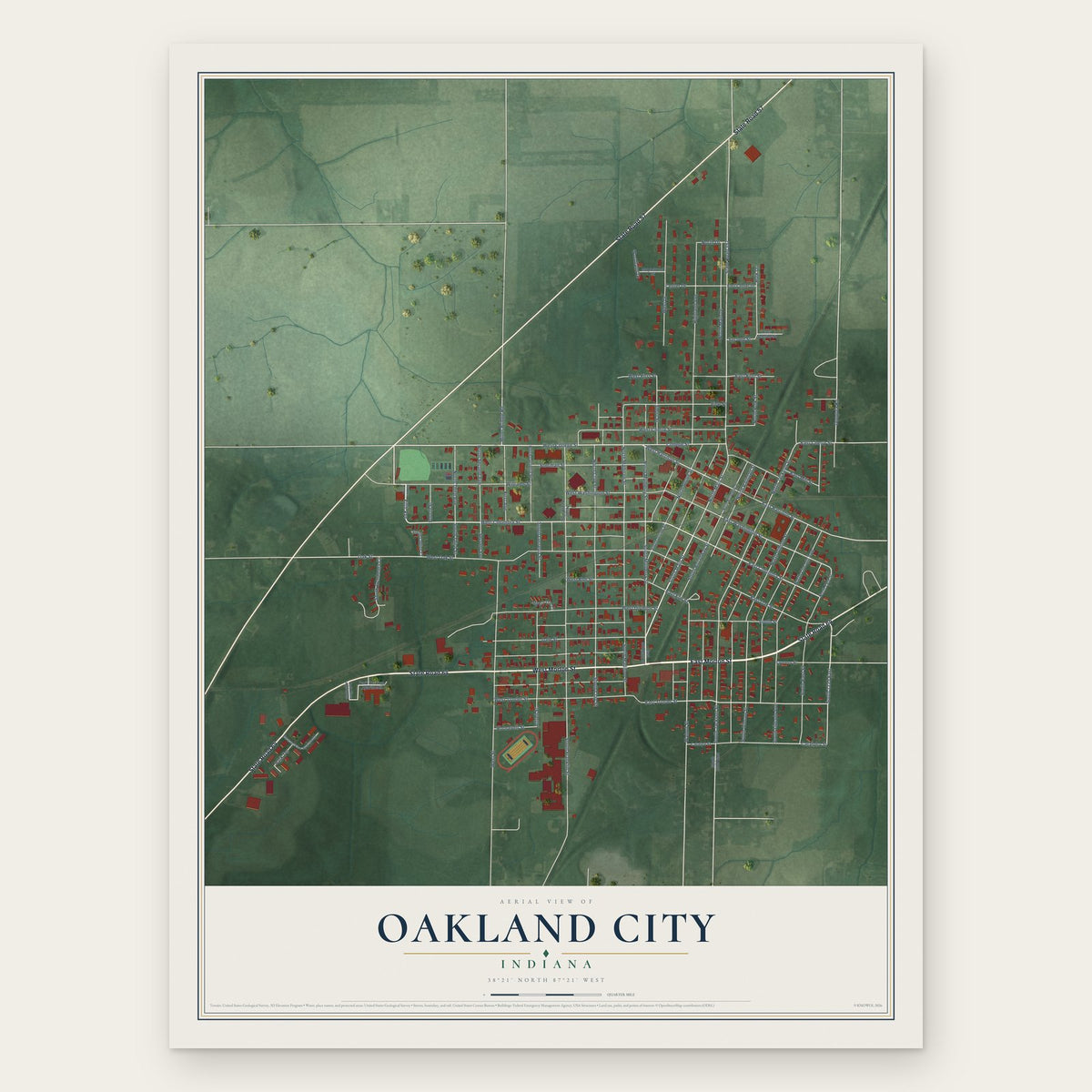 Oakland City, Indiana map print, the full design