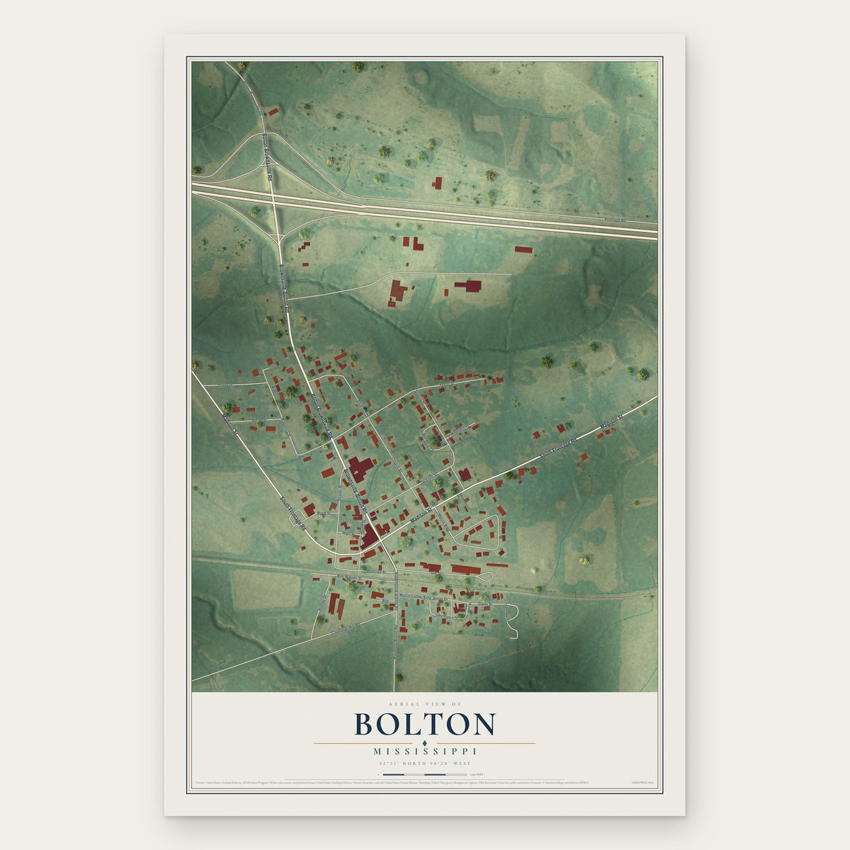 Bolton, Mississippi map print, the full design