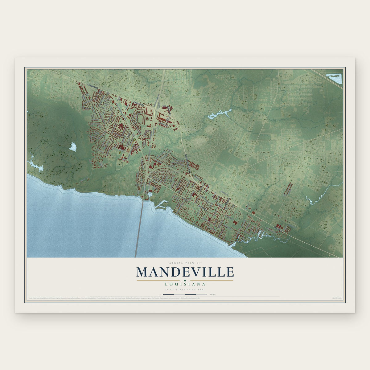 Mandeville, Louisiana map print, the full design
