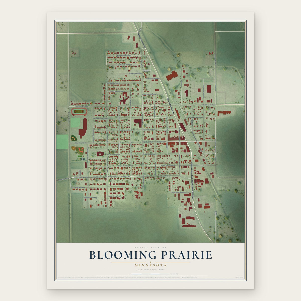 Blooming Prairie, Minnesota map print, the full design