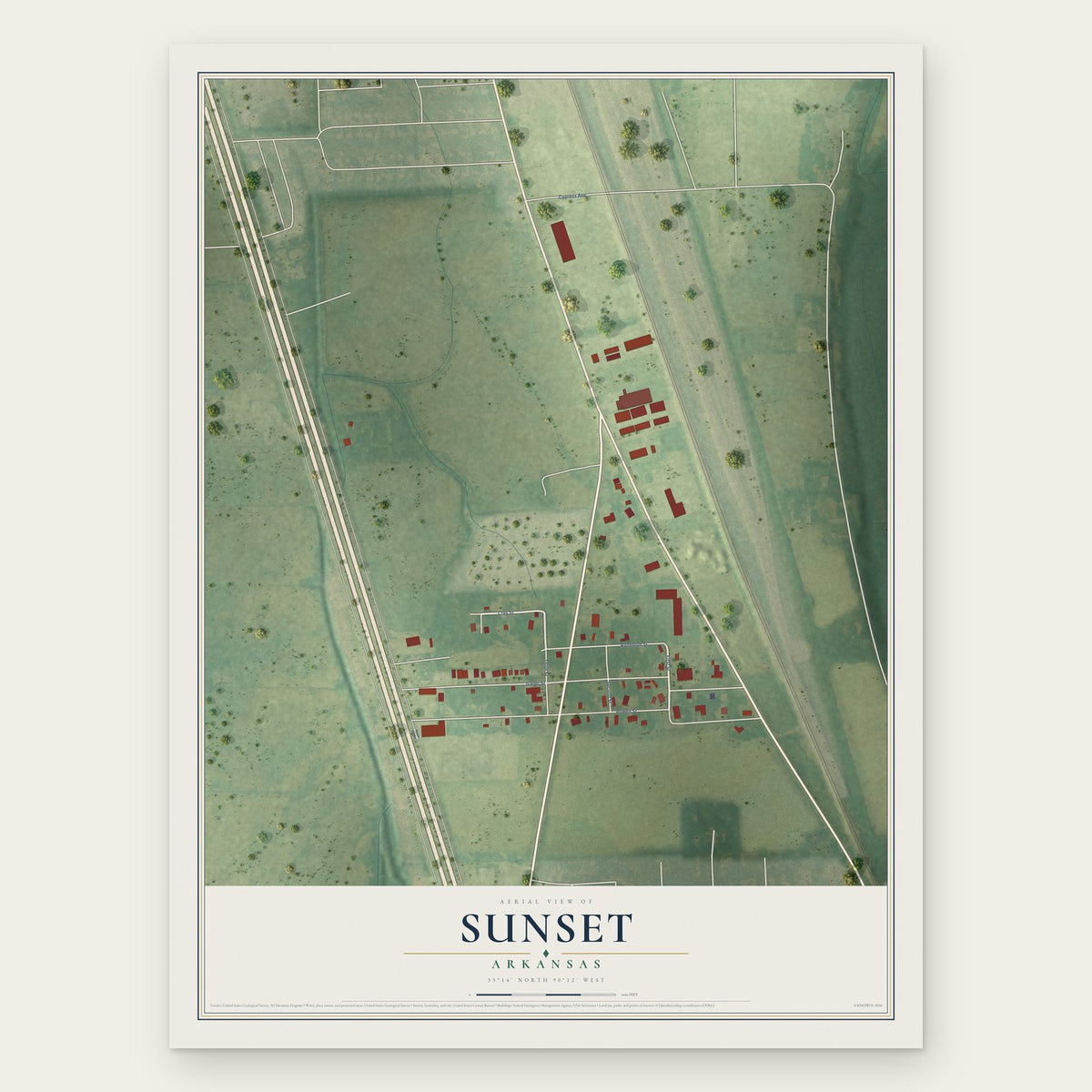 Sunset, Arkansas map print, the full design