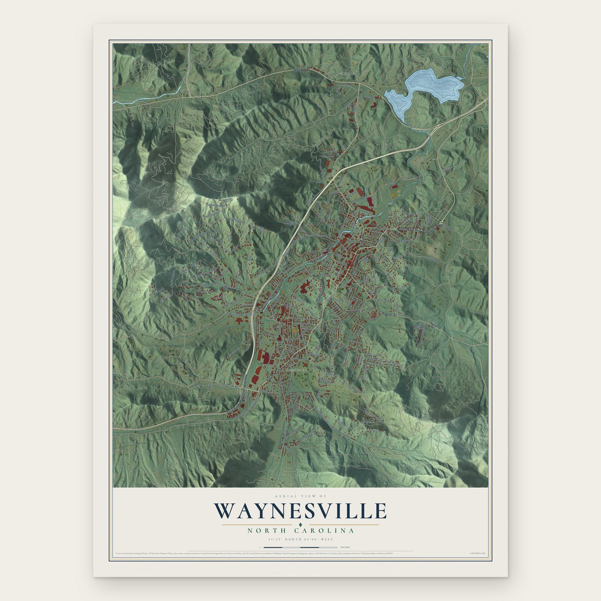Waynesville, North Carolina map print, the full design