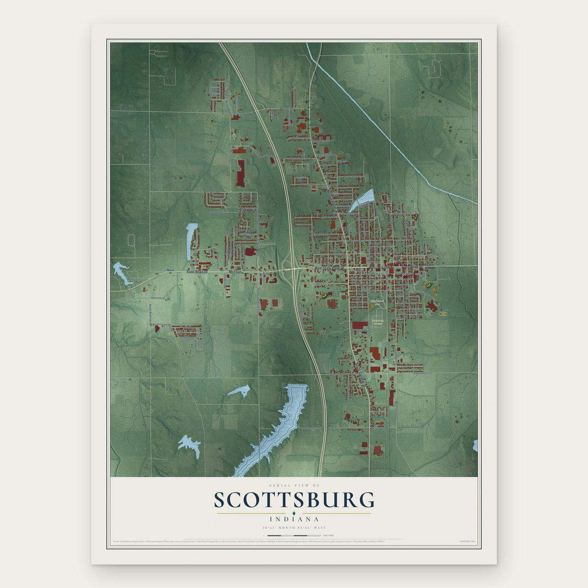 Scottsburg, Indiana map print, the full design
