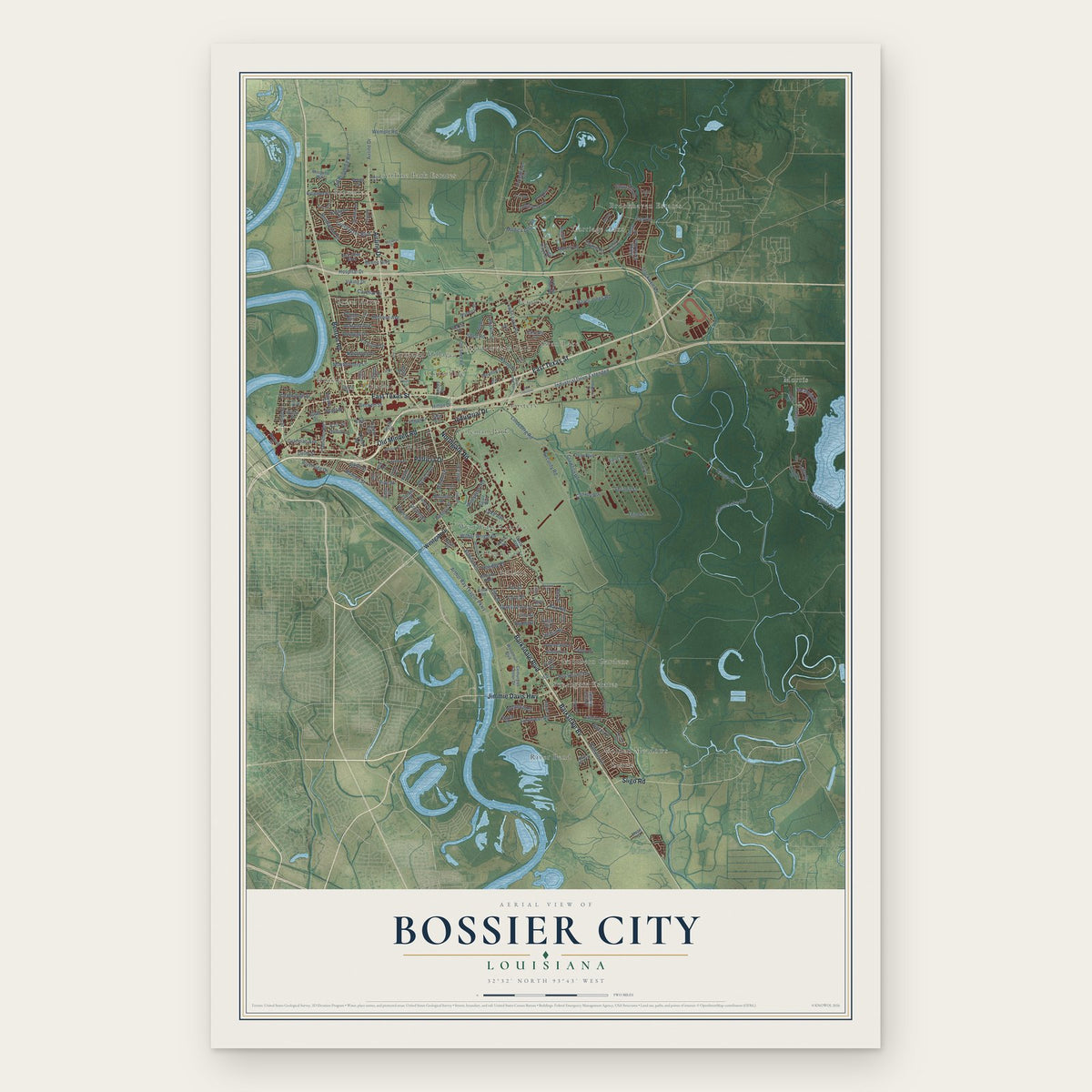Bossier City, Louisiana map print, the full design